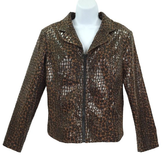 Selene Sport Jacket Full Zip Retro Vinyl Size S Vintage 90s Croc Print Y2K Brown - Picture 1 of 11